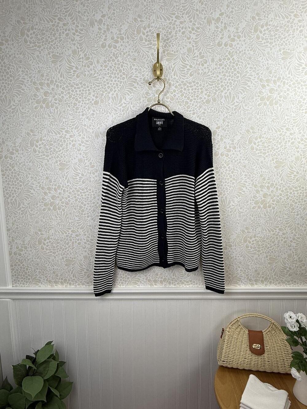 Emanuel Ungaro Liberté Black Striped Knit Cardigan Sweater - Size - MedPetite